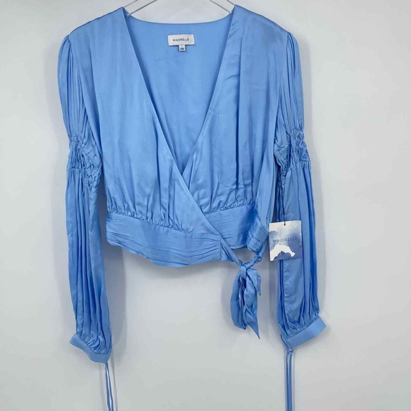 New Majorelle Sugar Wrap Top Womens Small Blue Satin Plunge Western Festival - Picture 6 of 9